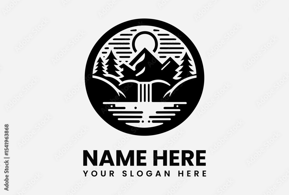 Fototapeta premium Black and white logo featuring a serene mountain landscape with a waterfall, sun, and trees, encircled within a circular frame.