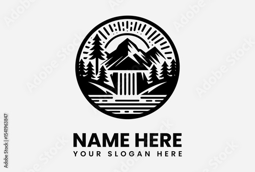 Monochrome mountain landscape logo featuring a waterfall, pine trees, and a rising sun, encircled within a badge design.