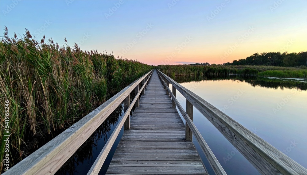 Fototapeta premium Wooden Boardwalk Over Marsh At Sunset