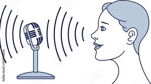 Illustration of a woman speaking into a microphone with sound waves emanating from the microphone device