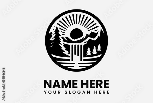 Monochrome logo depicting a stylized sun, mountains, forest, and waterfall, symbolizing nature's serenity.