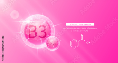 Vitamin B3 pink or Niacinamide and chemical structure. Vitamins complex serum. For design skin care products beauty treatment. Medical scientific concepts. Vector EPS10.