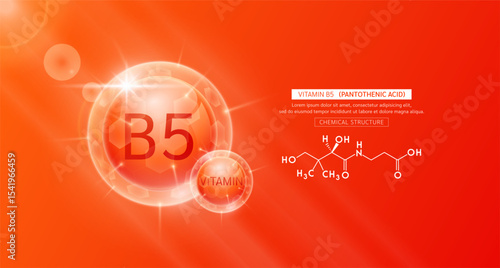 Vitamin B5 red or Pantothenic Acid and chemical structure. Vitamins complex serum. For design skin care products beauty treatment. Medical scientific concepts. Vector EPS10.