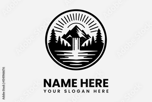 Monochrome mountain landscape logo featuring a waterfall, lake, pine trees, and sunburst.