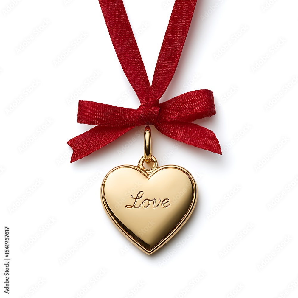 Fototapeta premium Gold heart pendant with red ribbon bow isolated on white background