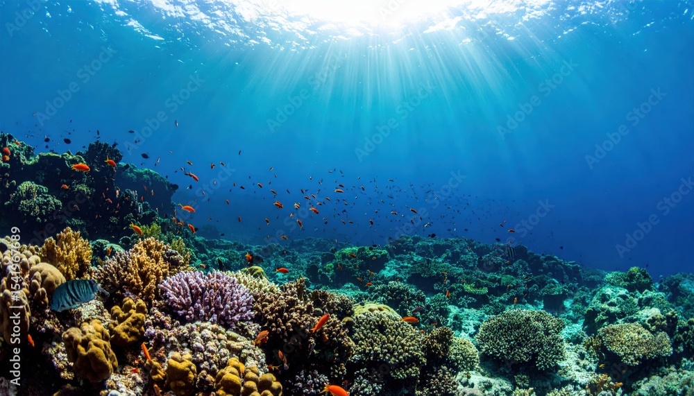 Vibrant Underwater Coral Reef Scene With Sunlight Vibrant Underwater Coral Reef Scene With Sunlight
