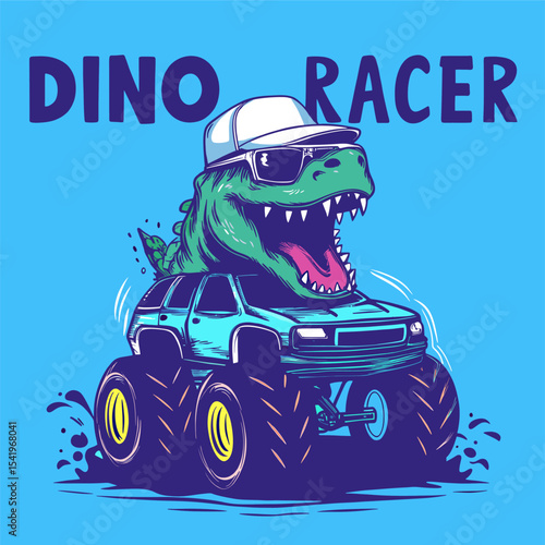 Monster truck with dino face t-shirt graphic design vector illustration 
