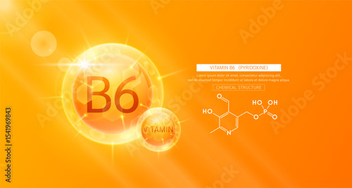 Vitamin B6 orange or Pyridoxine and chemical structure. Vitamins complex serum. For design skin care products beauty treatment. Medical scientific concepts. Vector EPS10.
