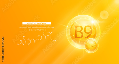 Vitamin B9 orange or Folic Acid and chemical structure. Vitamins complex serum. For design skin care products beauty treatment. Medical scientific concepts. Vector EPS10.