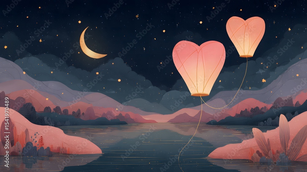 Romantic flat illustration of glowing heart-shaped lanterns over a calm lake under a starry night sky, expressing peaceful good night love without people. Romantic flat illustration of glowing heart-shaped lanterns over a calm lake under a starry night sky, expressing peaceful good night love without people.