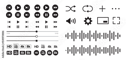 set of Black and white media control icons vector with transparent PNG background, multimedia interface buttons including play pause rewind skip forward settings volume sliders shuffle loop	