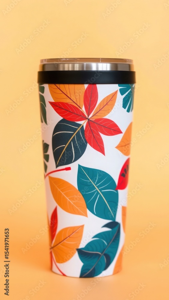 Fototapeta premium White Travel Mug with Colorful Autumn Leaf Design tumbler