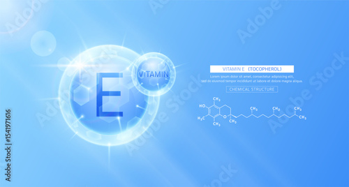 Vitamin E blue or Tocopherol and chemical structure. Vitamins complex serum. For design skin care products beauty treatment. Medical scientific concepts. Vector EPS10.