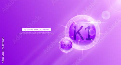 Vitamin K1 purple or Phylloquinone and chemical structure. Vitamins complex serum. For design skin care products beauty treatment. Medical scientific concepts. Vector EPS10.