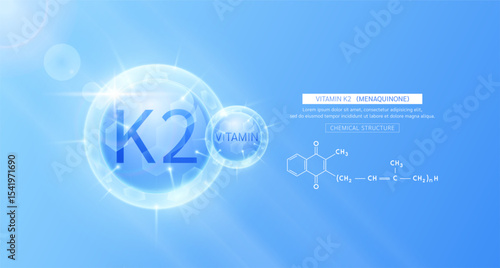 Vitamin K2 blue and chemical structure. Vitamins complex serum. For design skin care products beauty treatment. Medical scientific concepts. Vector EPS10.