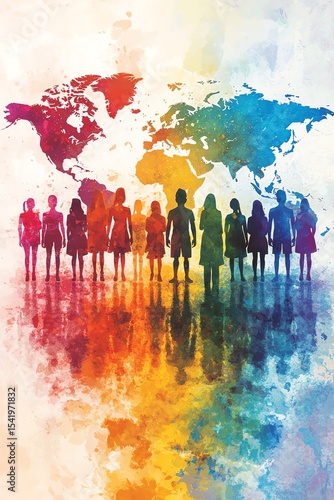 Silhouette of diverse people standing together, reflecting on a colorful world map. Global unity, community, and international collaboration concept.