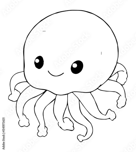A cartoonish jellyfish its tentacles dangling below a simple happy face adds charm