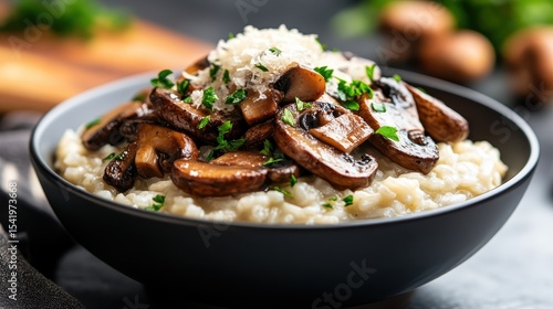 A deliciously plated bowl of creamy mushroom risotto garnished with fresh herbs and Parmesan, showcasing culinary art and the rich textures and colors of gourmet dining.