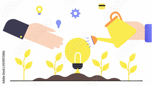 Illustration of hands nurturing a lightbulb plant with watering can and lightbulb icons above it