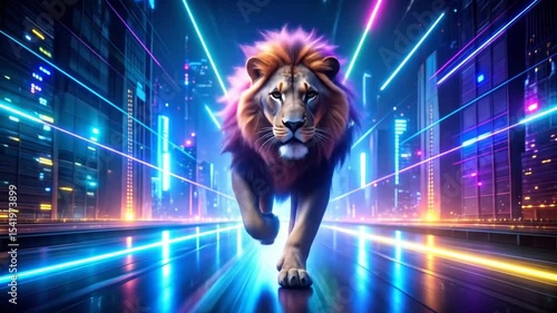 A lion runs through a futuristic city at night, illuminated by vibrant neon lights