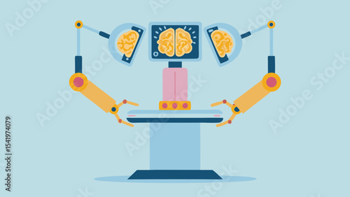Illustration of a futuristic medical examination table with robotic arms and brain scans displayed