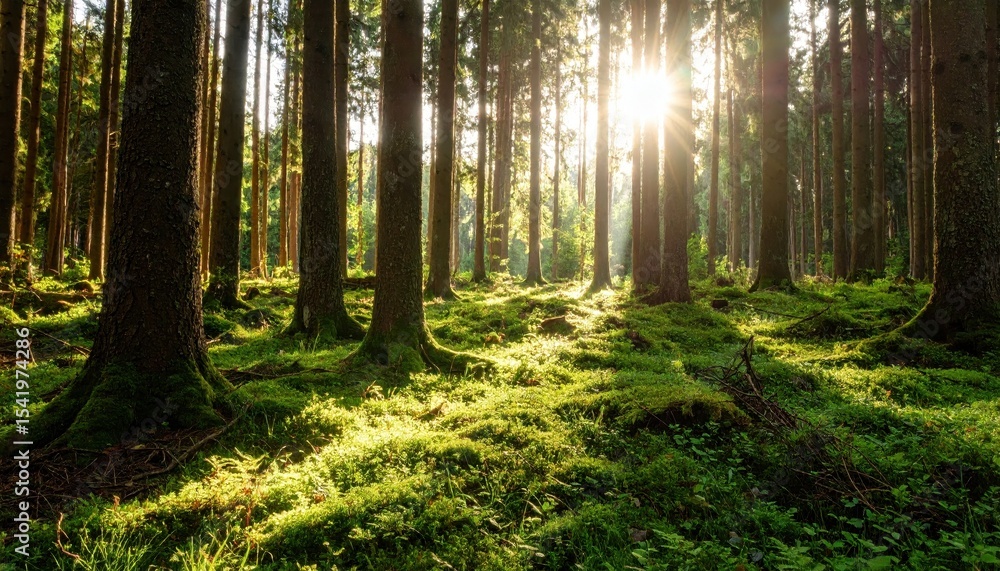 Fototapeta premium Serene sunlit forest landscape with tall trees and lush green moss, creating a tranquil atmosphere