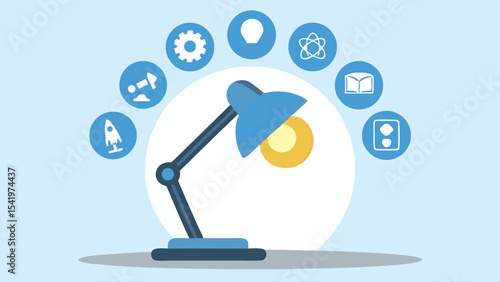 A blue desk lamp illuminates icons of science and learning on a light blue background image