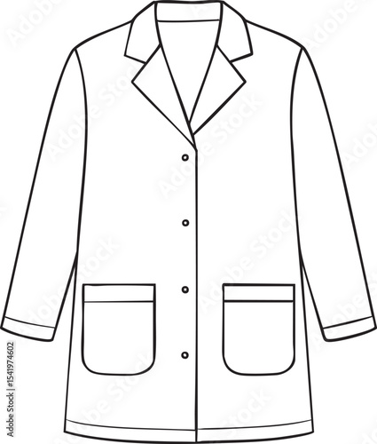Line Art Illustration of a Classic White Lab Coat with Pockets and Button Closure for Medical Professionals