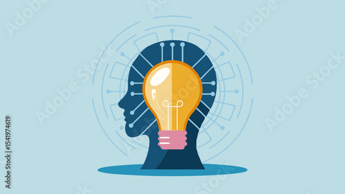A light bulb inside a head silhouette with a tech design in the background
