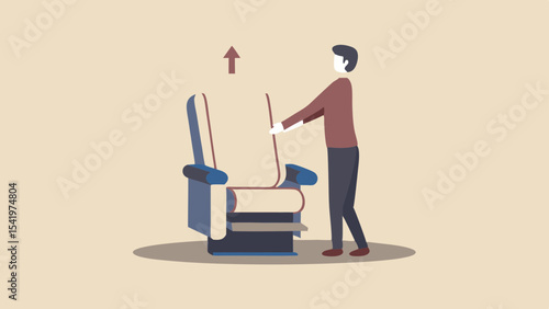 Man adjusting airplane seat in upright position for takeoff or landing with arrow pointing up