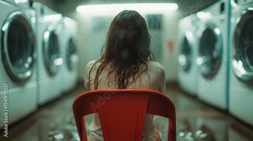 A woman sits alone in a laundromat, her back turned as raindrops blur the scene, evoking a sense of solitude and introspection amidst a mundane setting.
