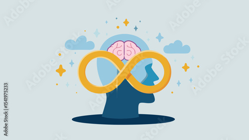 Head silhouette with brain and infinity symbol representing limitless potential and mental capacity