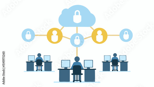 Illustration of a cloud network with padlocks and people connected to computers in an office setting