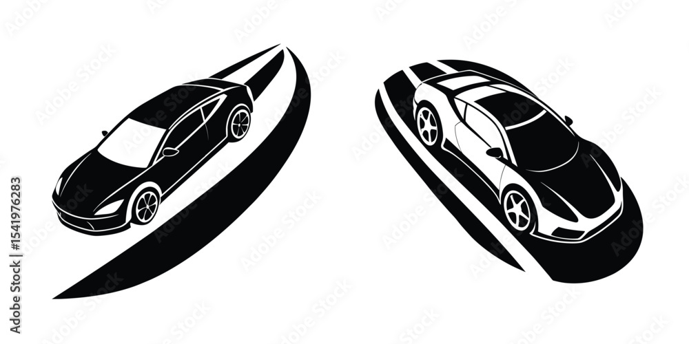 Minimal Top-Down Silhouette of a Smooth Sports Car Drifting Around a Corner on White Background Minimal Top-Down Silhouette of a Smooth Sports Car Drifting Around a Corner on White Background