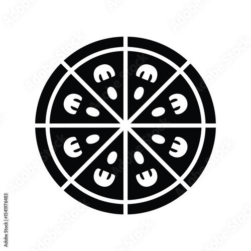 black and white vector illustration of pizza with eight slices and mushroom toppings, isolated on a white background for design use
