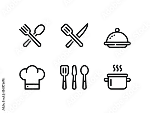 Six Black Line Icons Cooking Utensils Chef Hat Food