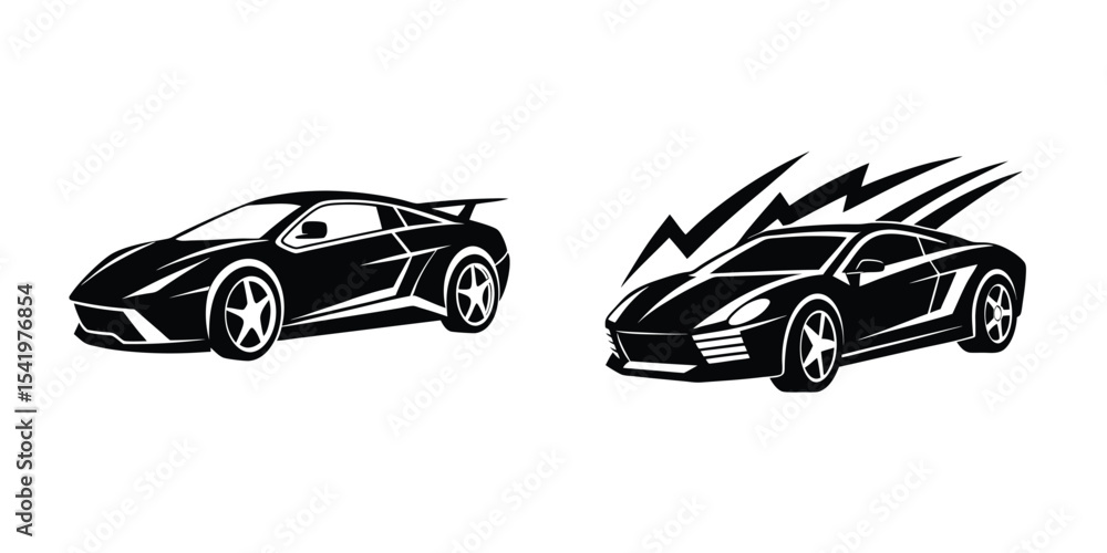 Fototapeta premium Powerful Sports Car Three Quarter Perspective Charging Ahead Silhouette on White Background