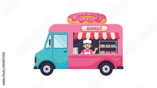 cheerful cartoon donut vendor in a pink and blue food truck with giant donut sign, offering sweet treats through service window