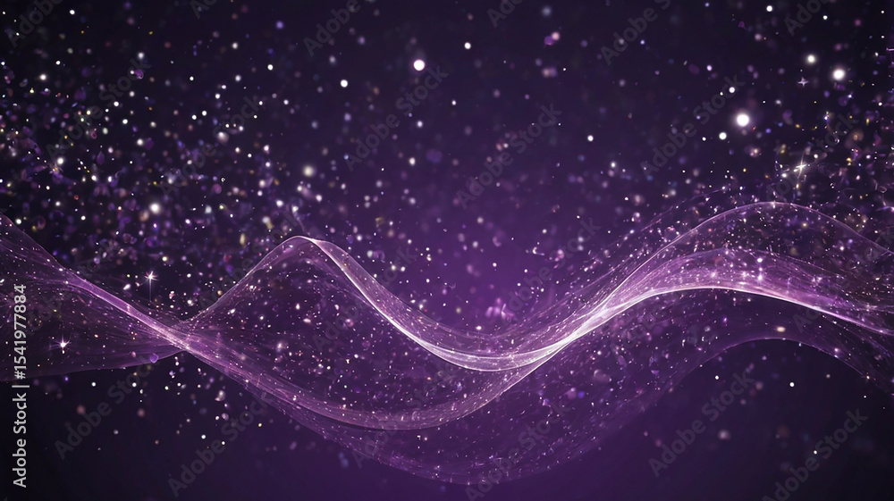 Fototapeta premium Abstract digital wave of glowing purple particles and shining stars on dark background