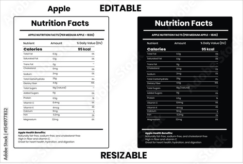 Apple, nutrition facts, nutrition, nutrition label, calories in food, nutrition info, supplement facts, vector template