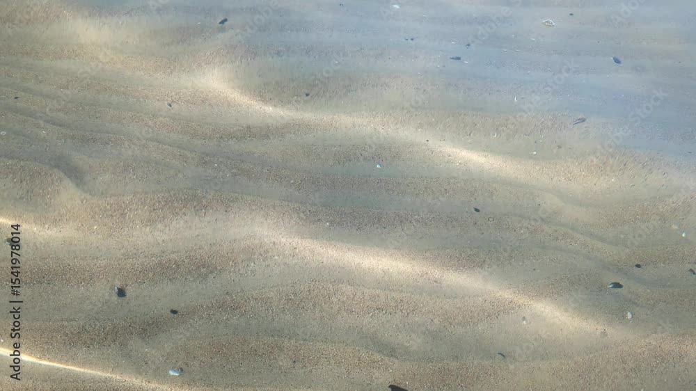 Sunlight streams through crystal-clear water, casting light patterns on sea floor sand ripples Sunlight streams through crystal-clear water, casting light patterns on sea floor sand ripples