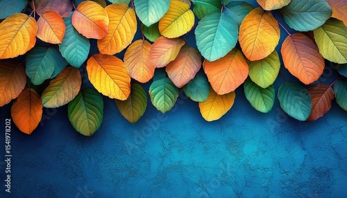 Colorful fall leaves are arranged at the top on a textured blue background. It is ideal for autumn themed designs, graphics and backgrounds.