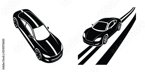 Bird’s-Eye View of a Smooth Sports Car Gliding along a Highway Silhouette on White Background