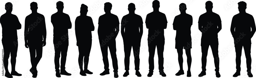 Silhouette Illustration of Diverse People Standing in a Row, Perfect for Teamwork and Community Design Silhouette Illustration of Diverse People Standing in a Row, Perfect for Teamwork and Community Design