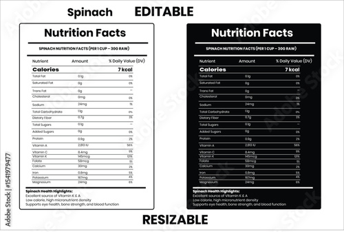 Spinach, nutrition facts, nutrition, nutrition label, calories in food, nutrition info, supplement facts, vector template