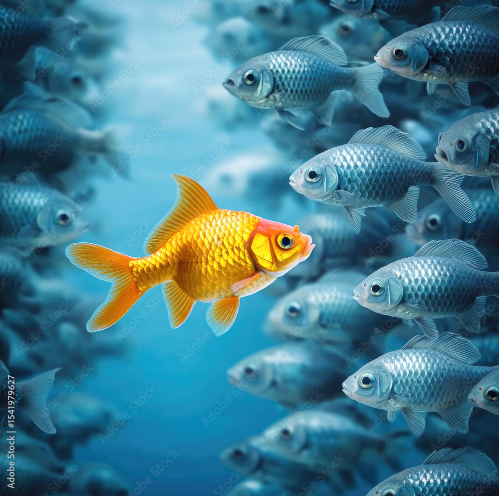 Fototapeta premium Vibrant goldfish swims confidently among school of silver fish underwater, expressing uniqueness and contrast