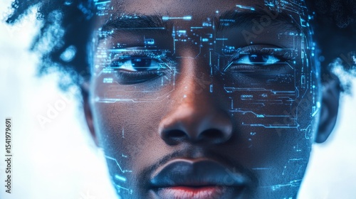 Young African American man with digital facial overlay, showcasing futuristic technology and innovation, representing the intersection of humanity and artificial intelligence in a modern context