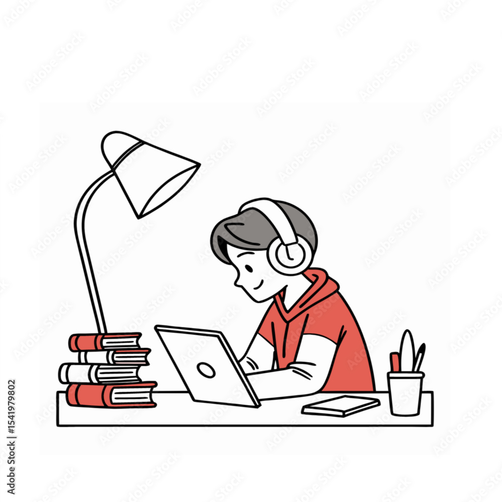 Student Learning Online with Headphones - E-learning and Digital Education Illustration Student Learning Online with Headphones - E-learning and Digital Education Illustration