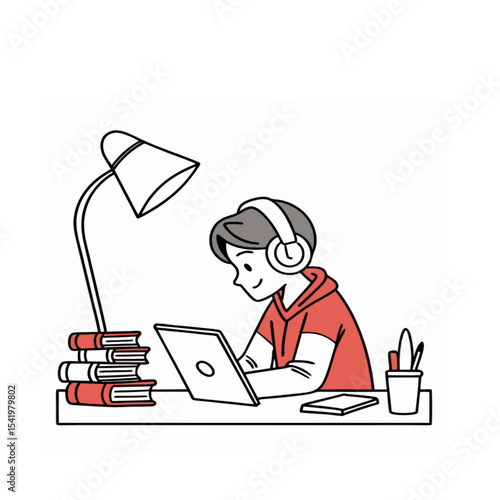 Student Learning Online with Headphones - E-learning and Digital Education Illustration
