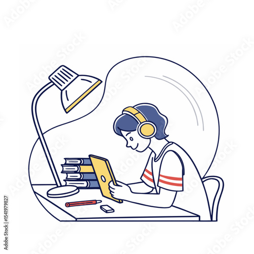 Student Learning Online with Headphones - E-learning and Digital Education Illustration